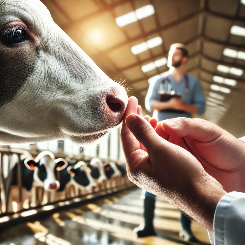 A close-up, detailed view of a farmer or veterinarian inspecting cattle for early signs of illness.