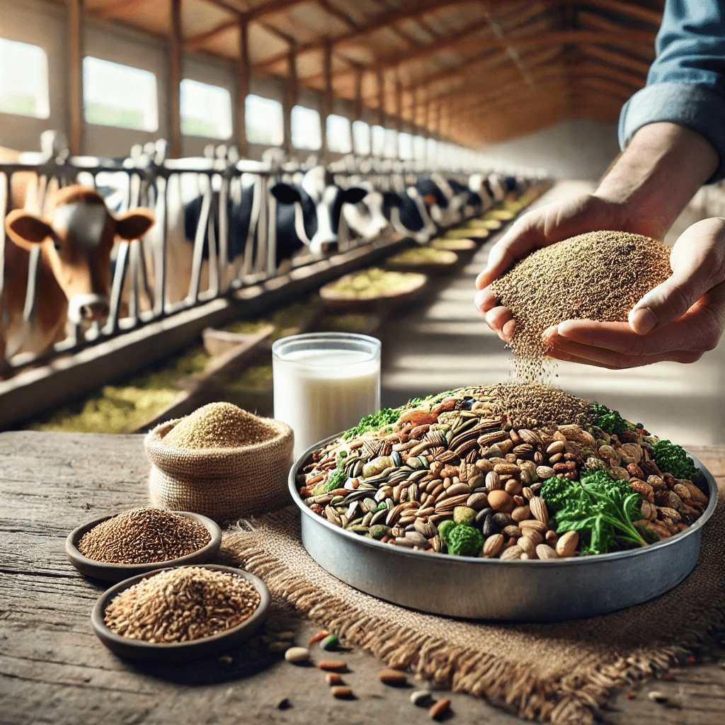 Close-up of a farmer preparing a balanced feed mix for livestock, with grains, hay, and supplements in a clean barn.