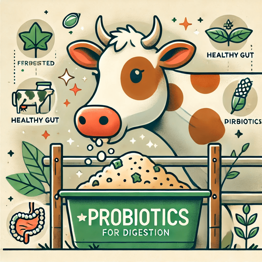 A cow eating fermented feed from a trough with small icons illustrating healthy digestion and natural benefits.