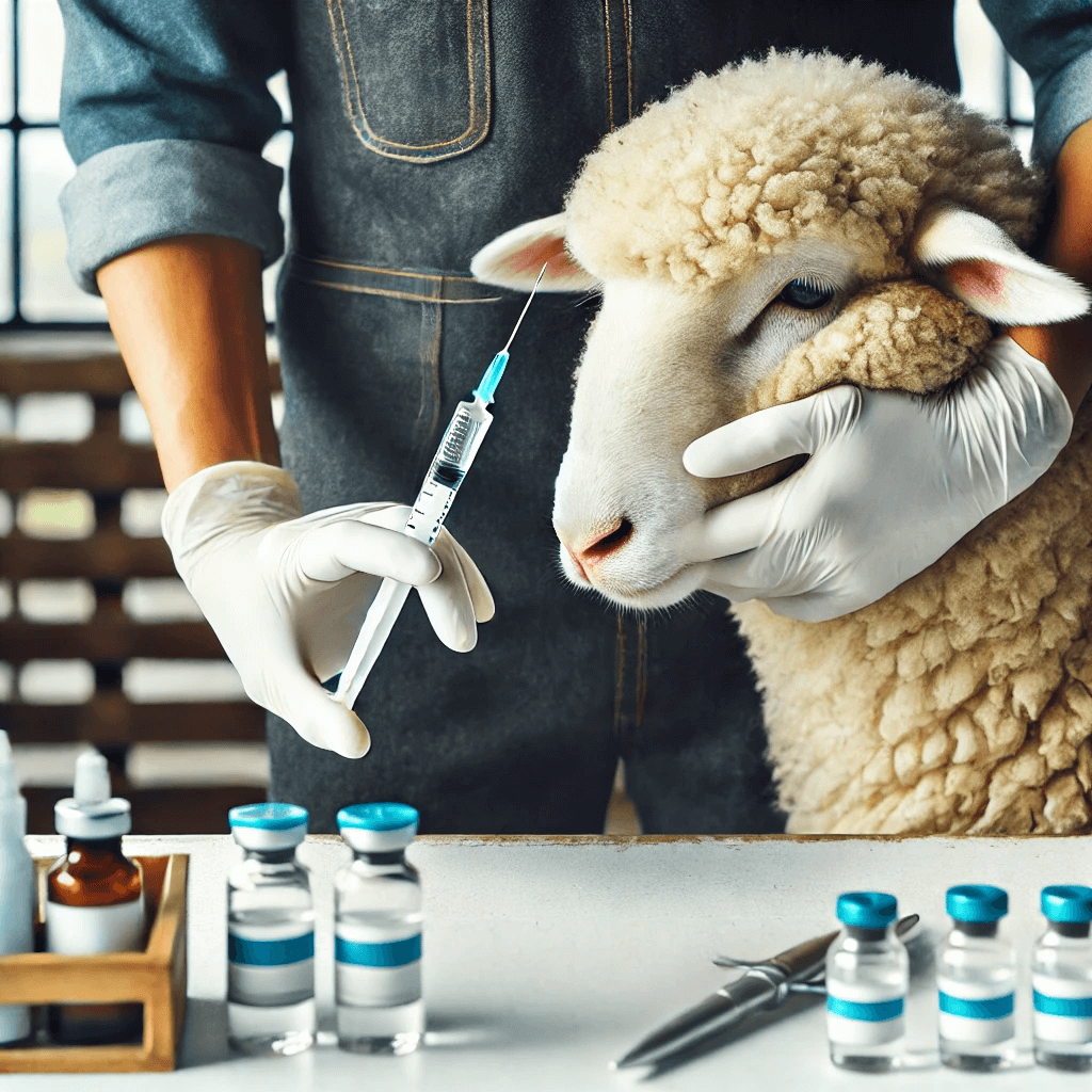 A veterinarian preparing a syringe to vaccinate a calm sheep in a clean and organized environment.