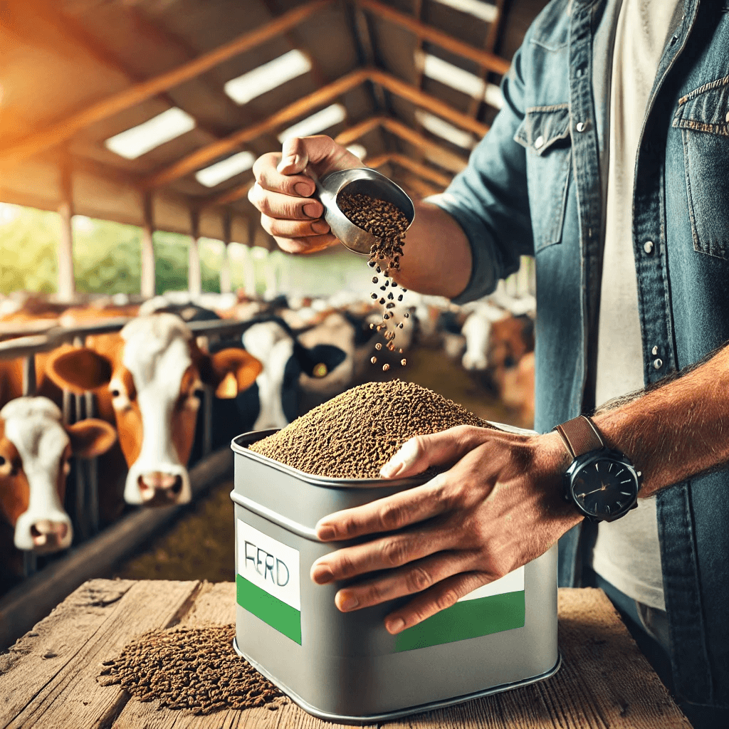 A farmer preparing balanced livestock feed in clean containers, with cows and goats visible in a tidy barn.