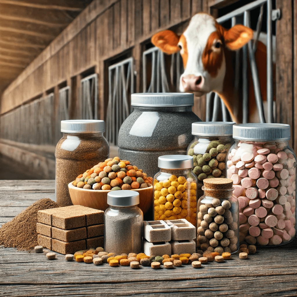 Close-up of various feed supplements, including pellets, mineral blocks, and powdered probiotics, on a wooden table with a barn in the background.