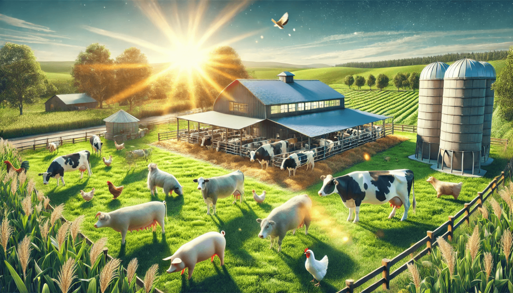 A modern farm with healthy livestock including cows, pigs, and chickens, symbolizing the benefits of probiotics for animal digestion and growth.