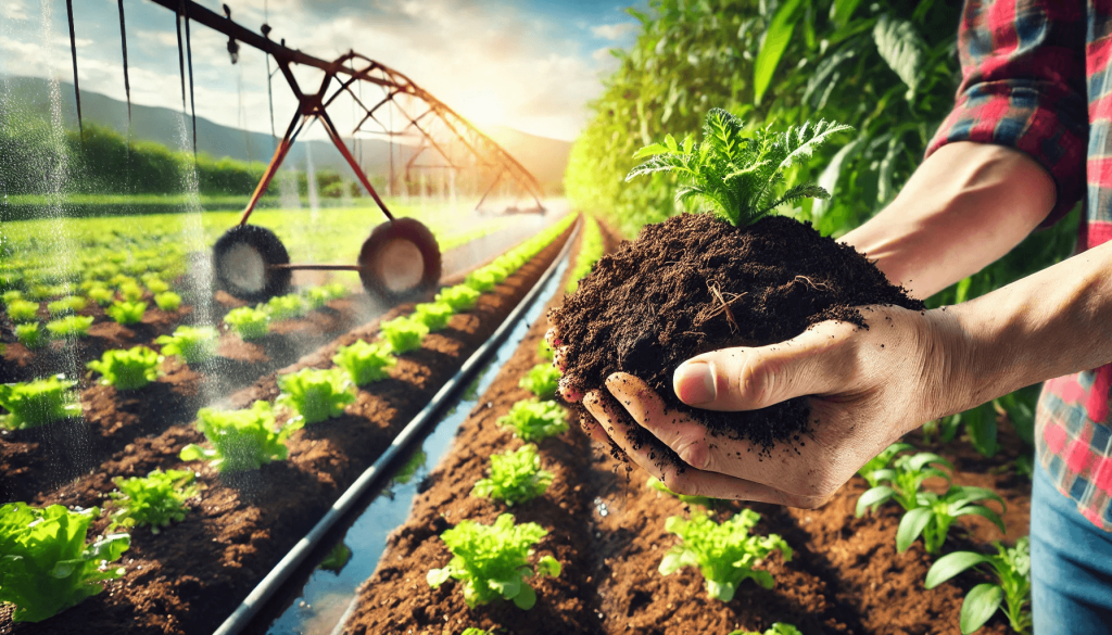 A farmer practicing crop rotation with a variety of crops in a well-organized field.