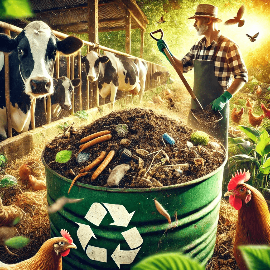 A farmer turning compost into livestock feed on a farm.