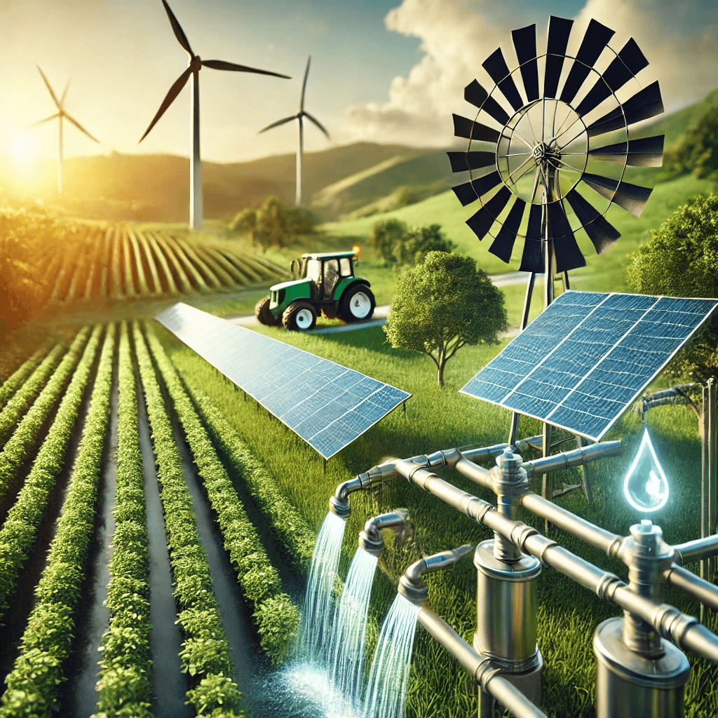 A close-up view of a modern farm utilizing renewable energy with solar panels installed on barn roofs.