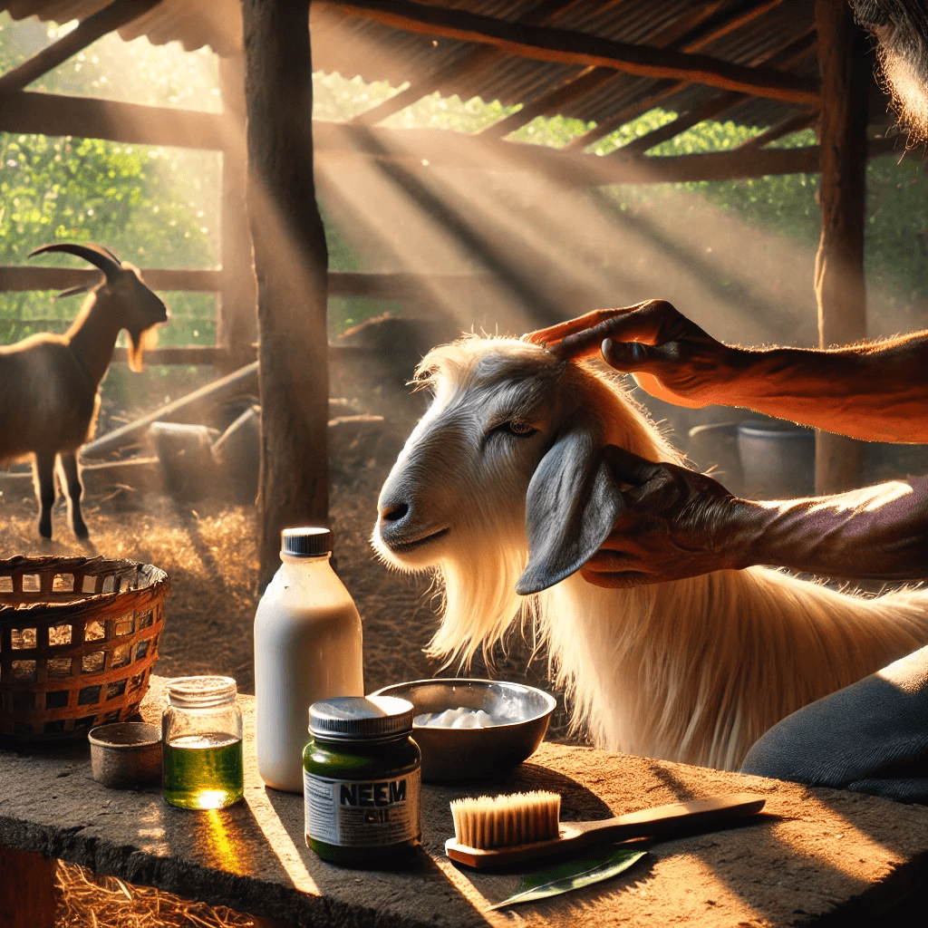 A farmer applying neem oil to a goat’s skin inside a shaded barn with tools like a brush and oil containers nearby.