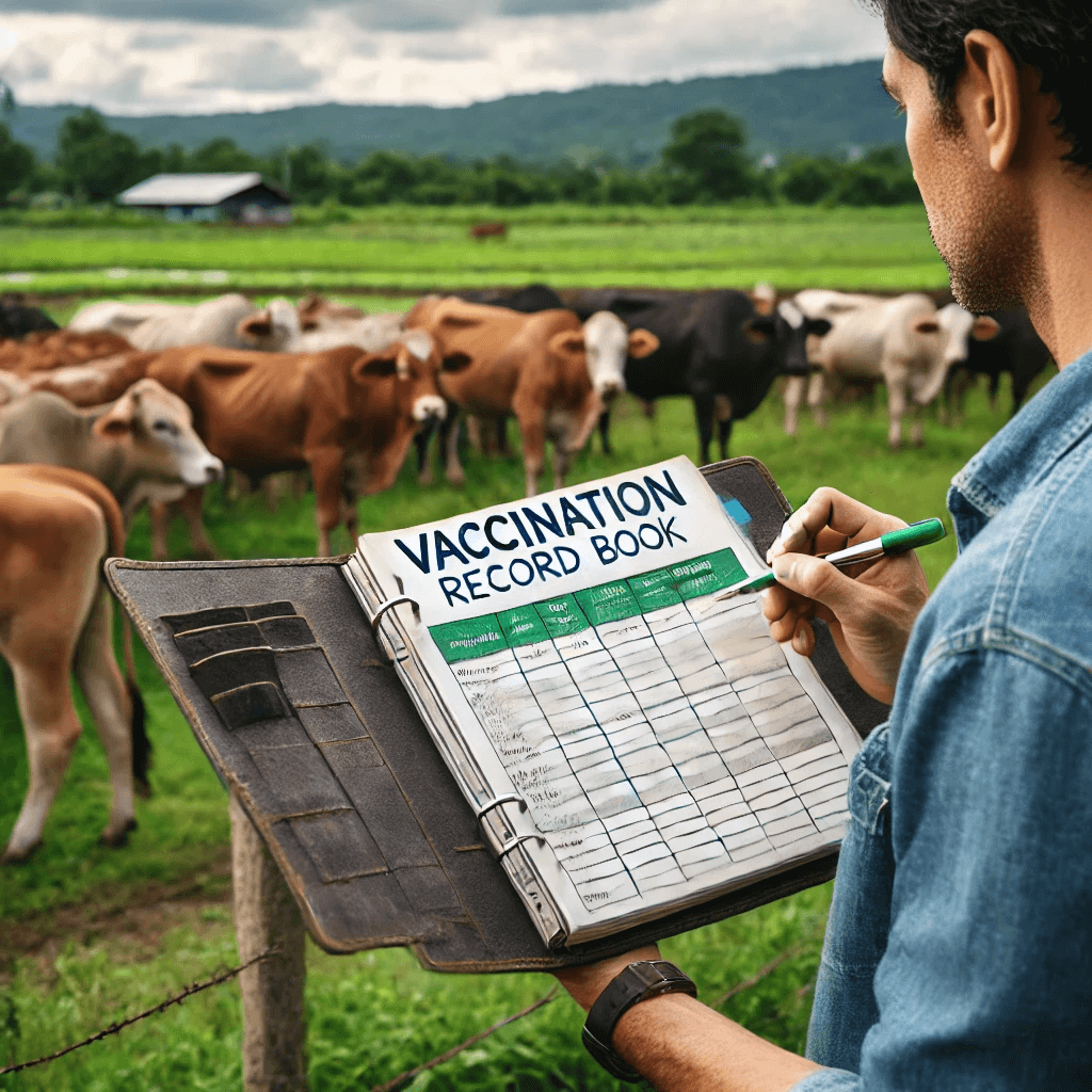 A farmer holding a vaccination record book while observing healthy cattle grazing in a lush green pasture.