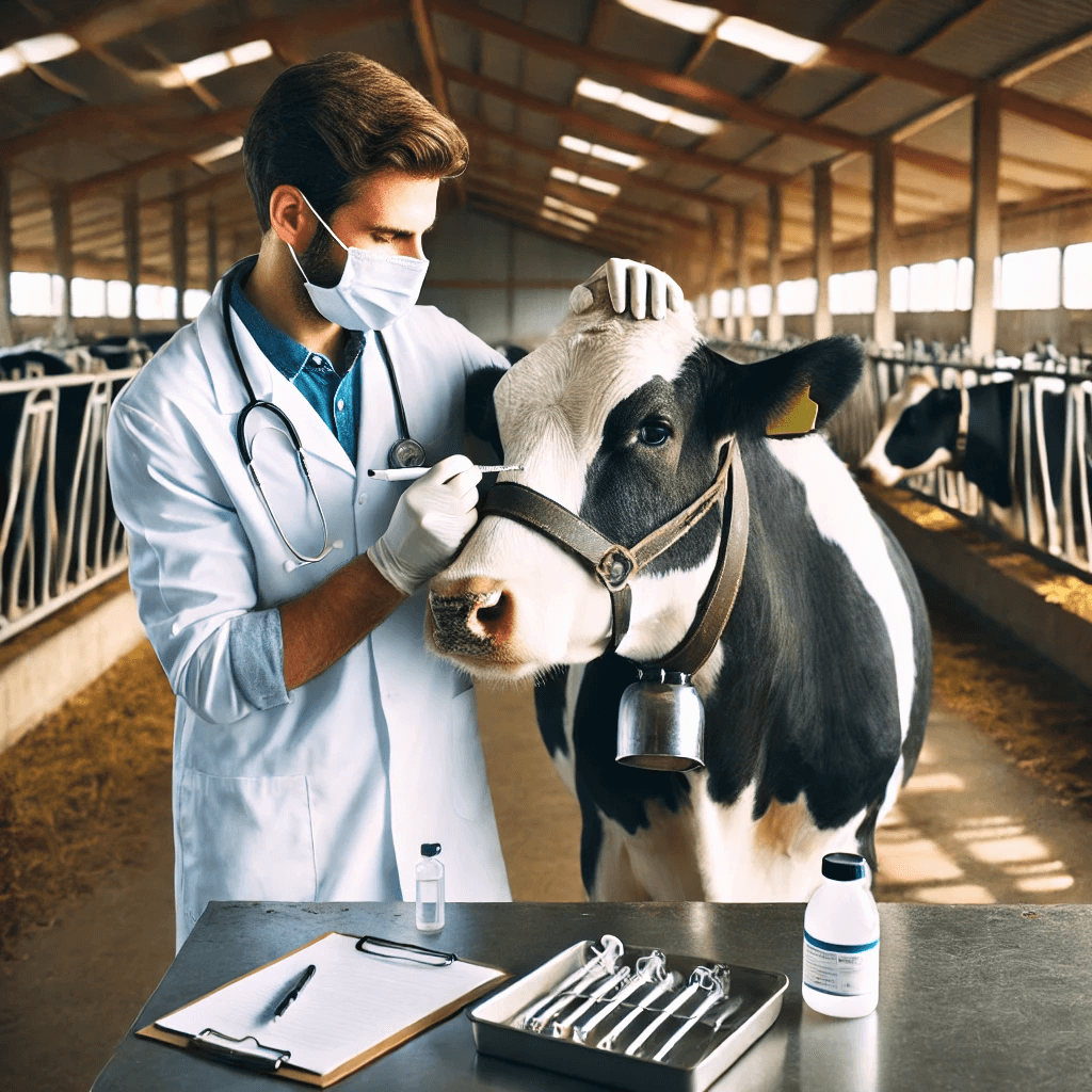 A veterinarian performing a health check on a cow in a clean barn with visible medical tools, highlighting livestock care.