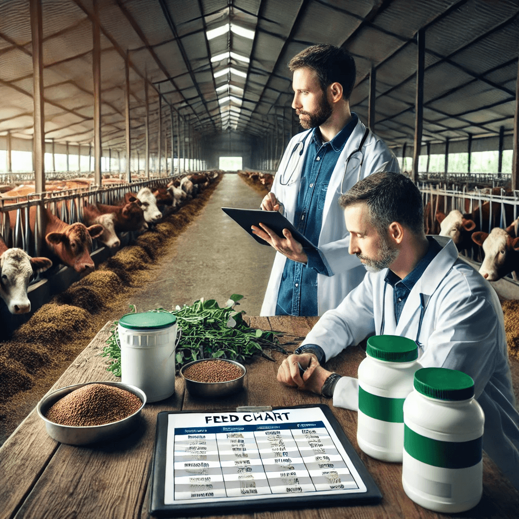 A farmer and a veterinarian examining feed charts on a tablet in a barn surrounded by healthy livestock.