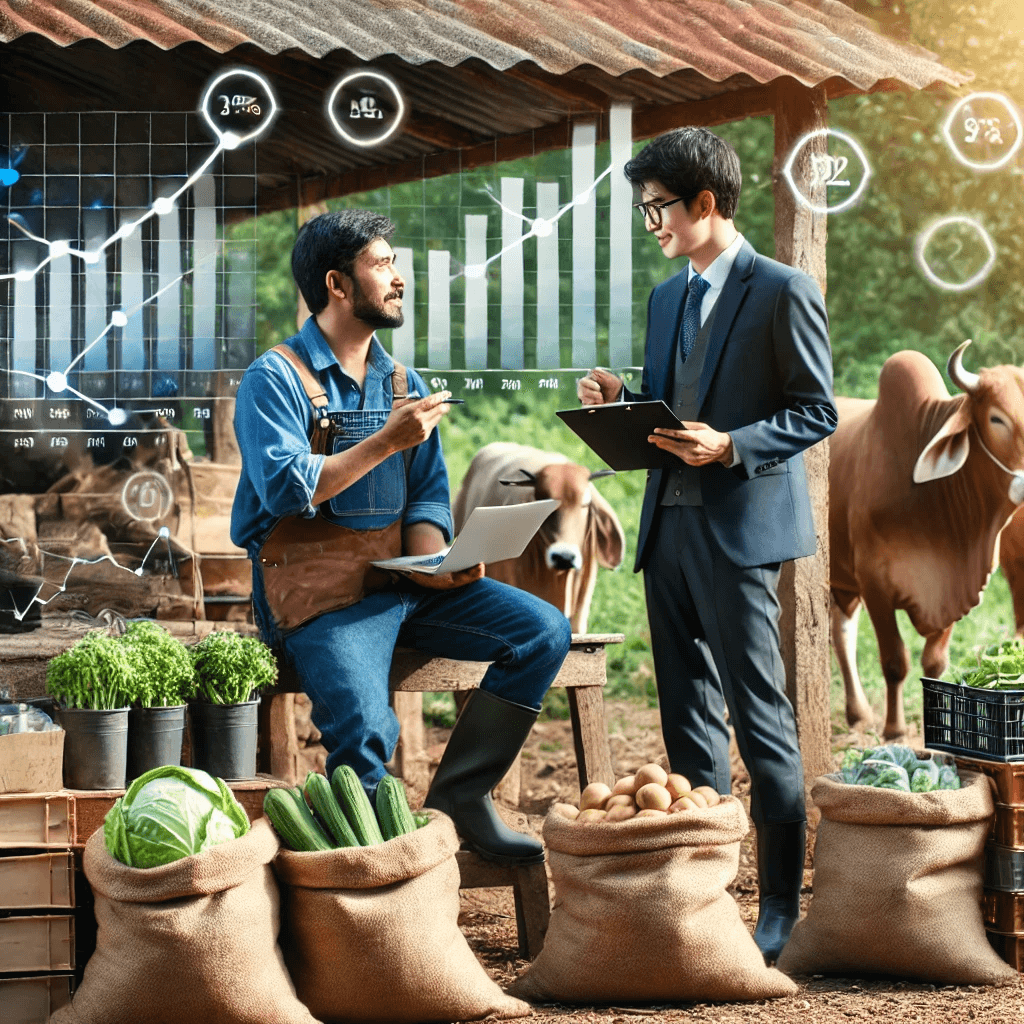 A farmer discussing market prices with a cooperative representative at a rural market, surrounded by produce and livestock.