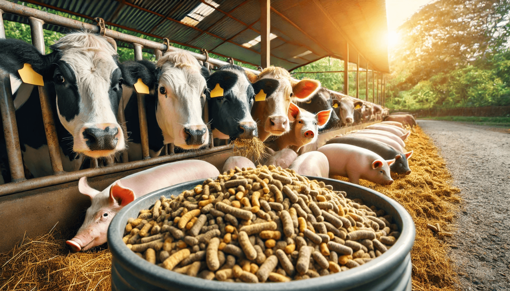 A group of livestock including cows and pigs eating probiotic-enriched feed on a farm.