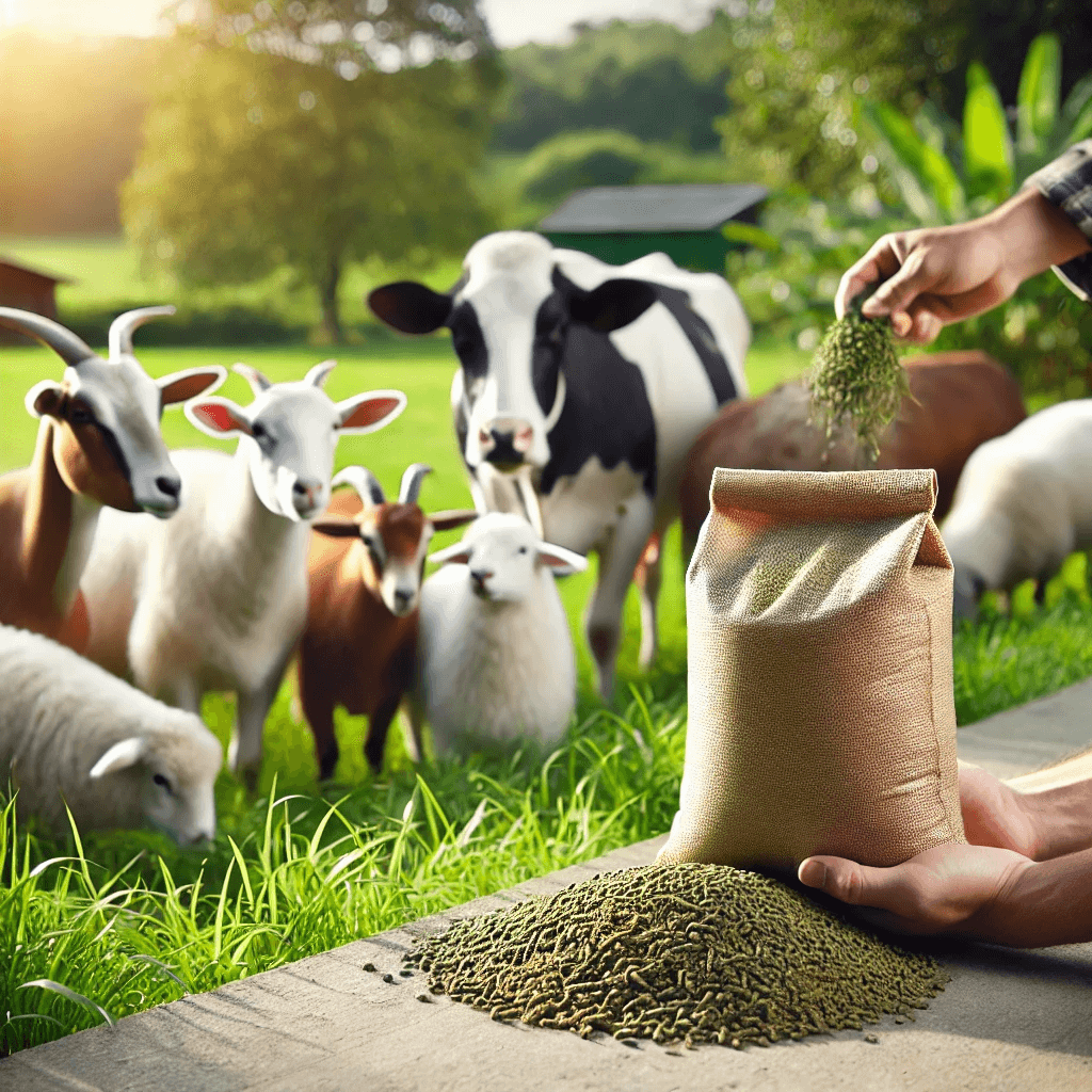 A serene farm scene featuring cows, goats, and sheep feeding on eco-friendly, sustainable feed in a lush green environment.