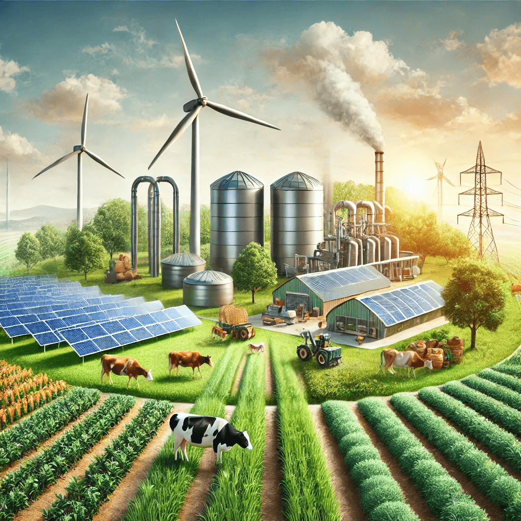 A serene agricultural setting illustrating various renewable energy solutions, including biogas and wind energy systems.