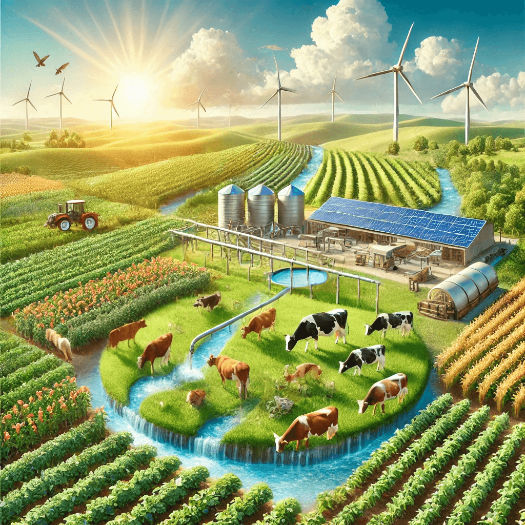 A picturesque farm environment that emphasizes sustainable practices with solar panels, healthy crops, and a serene atmosphere.