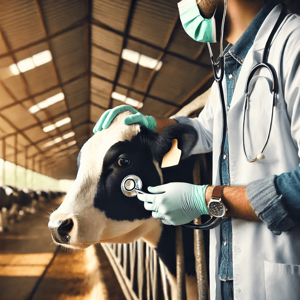 A close-up view of a veterinarian examining a healthy cow on a farm.