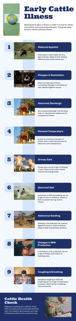 An infographic illustrating the early signs of illness in cattle, including changes in appetite, behavior, physical appearance, and activity levels, along with prevention tips for farmers.