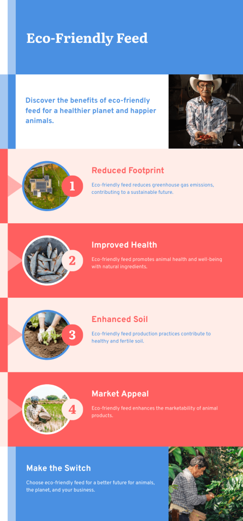 An infographic illustrating the benefits of eco-friendly feed for livestock, including reduced carbon footprint, improved animal health, and enhanced marketability.