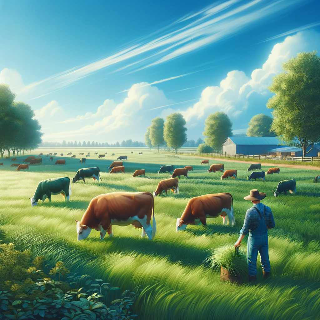 A serene farm scene showcasing healthy, vibrant cattle grazing in a lush green pasture under a clear blue sky.