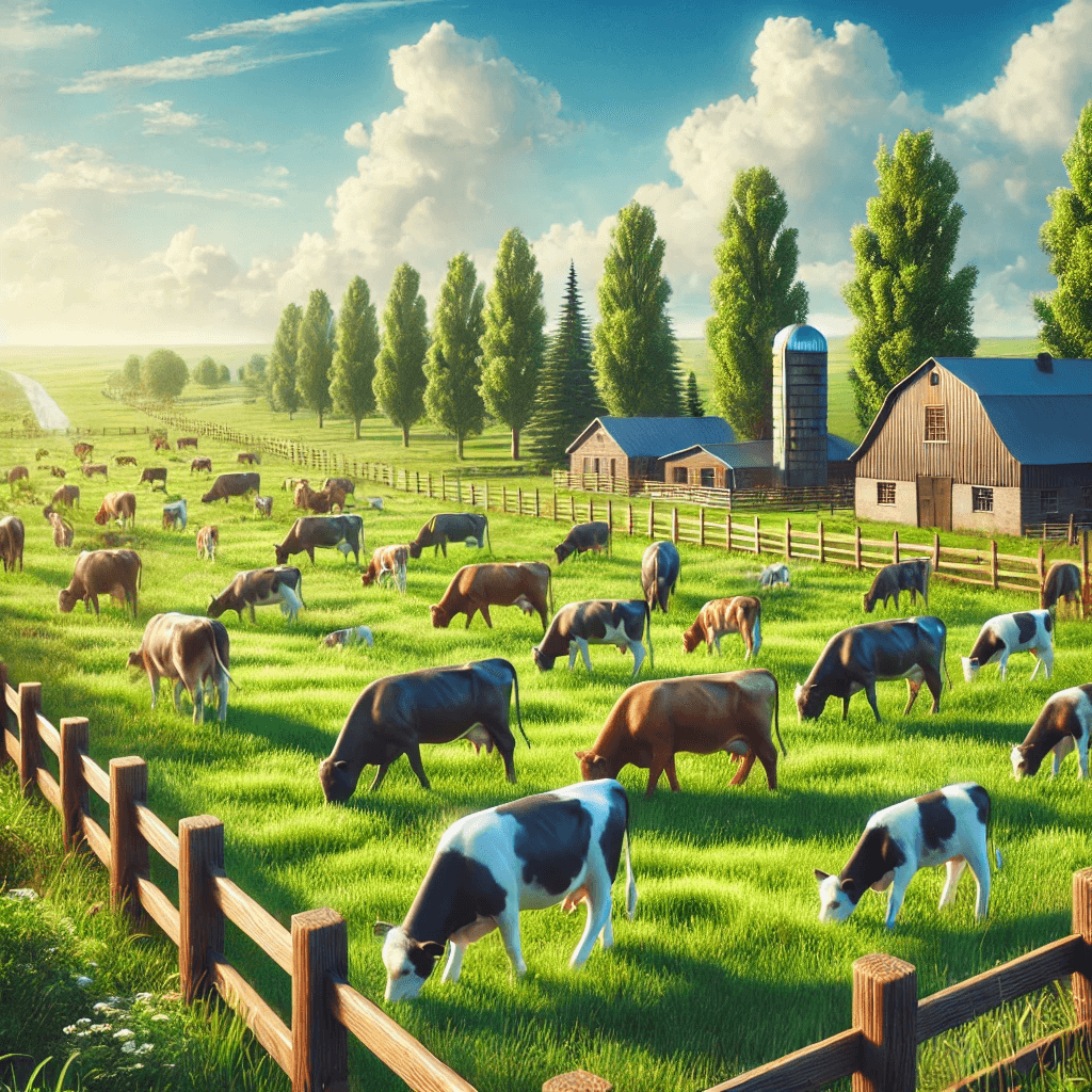 A vibrant farm scene with livestock grazing on lush green pastures, under a bright blue sky, symbolizing health and proper nutrition.