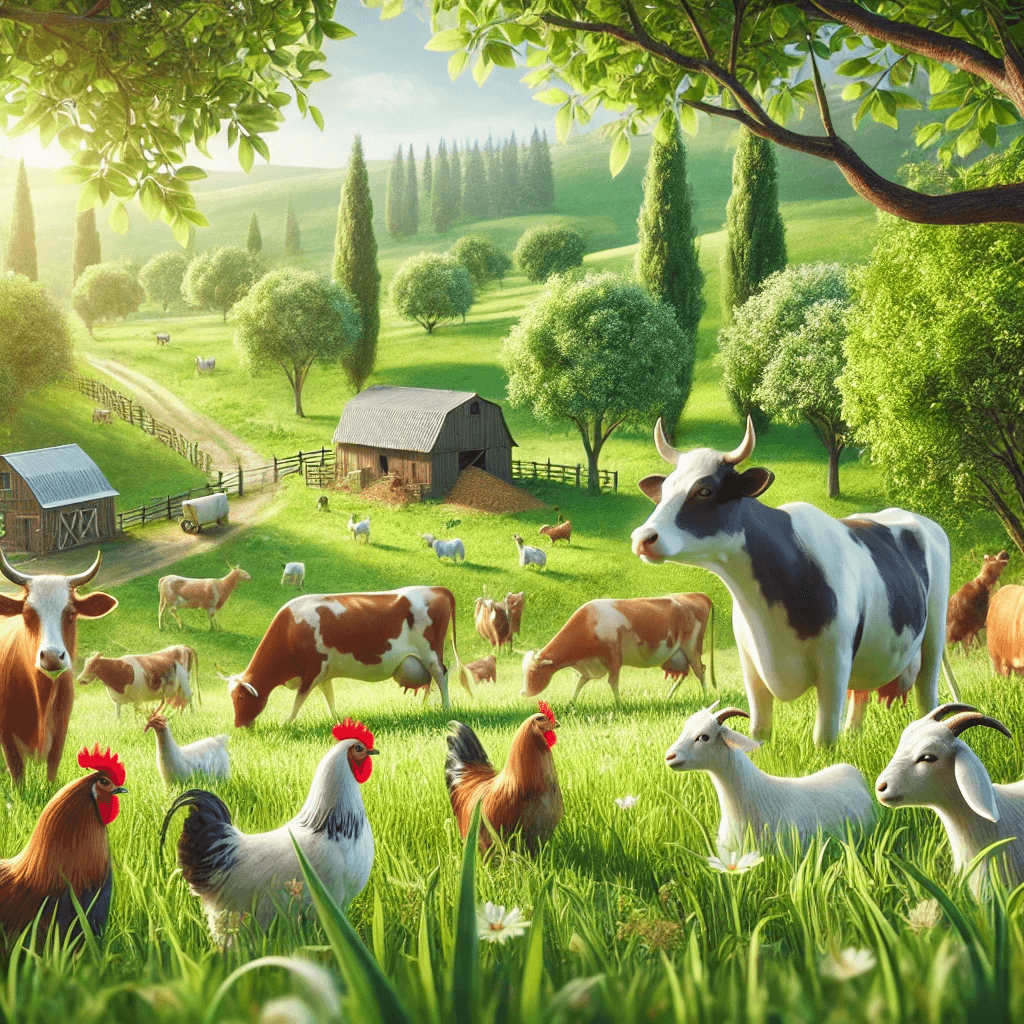 A lush green farm with cows, goats, and chickens grazing peacefully, surrounded by natural light and a small barn in the distance.