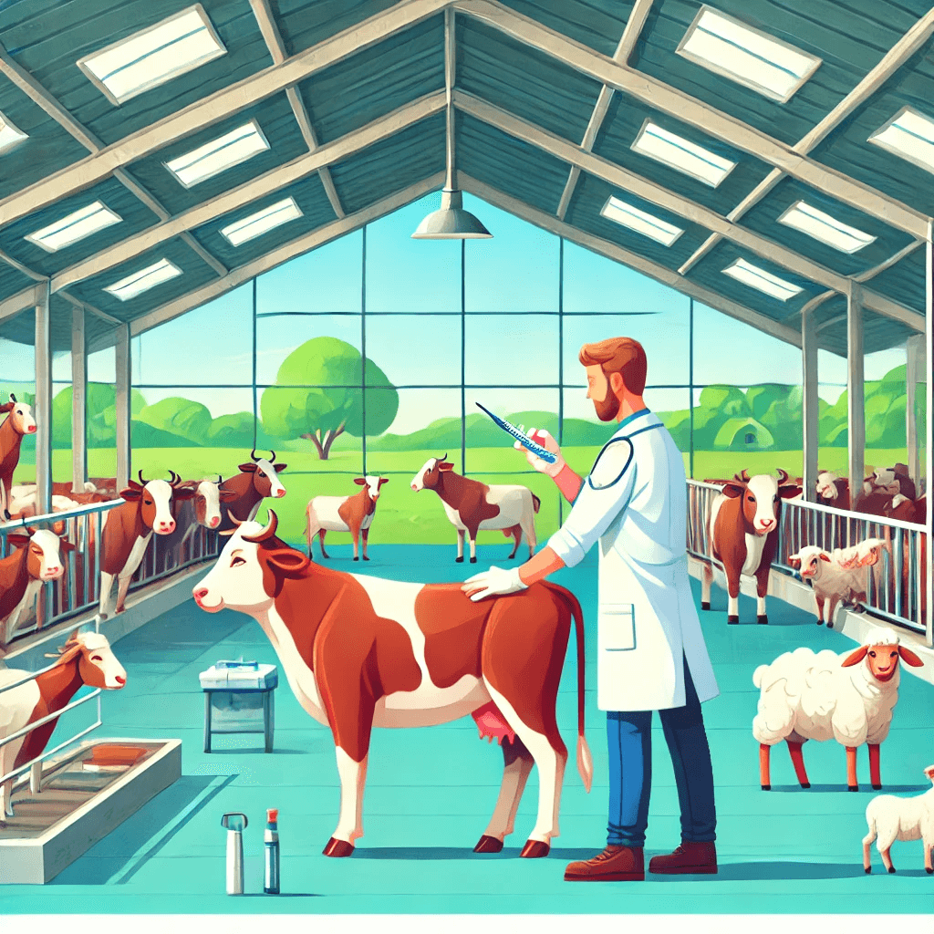 A veterinarian vaccinating cattle in a bright, organized barn with goats and sheep in the background, representing a healthy herd.