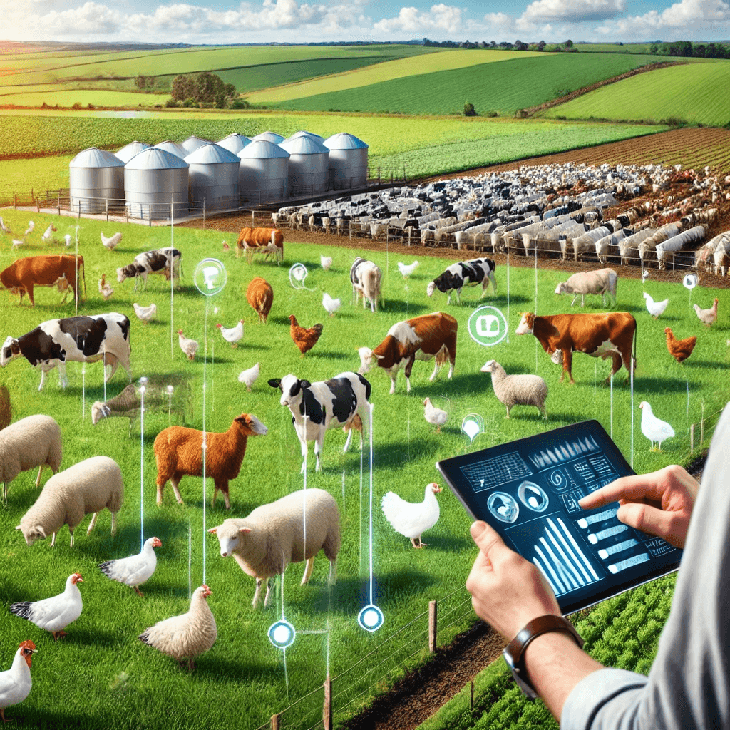 A modern livestock farm with cattle, sheep, and poultry in green pastures, while a farmer monitors them using a tablet.