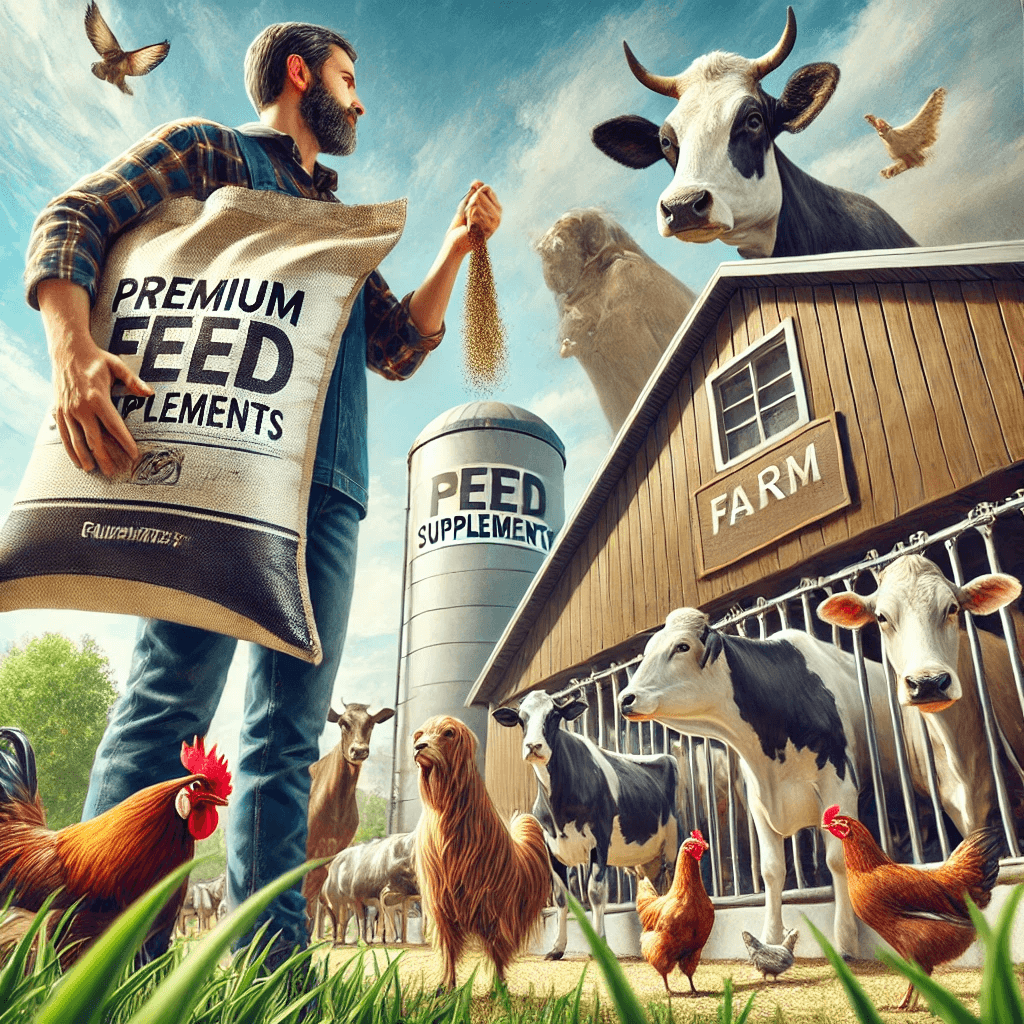 A well-maintained farm with cattle, goats, and chickens, featuring a farmer handling a bag of feed supplements near a clean barn.