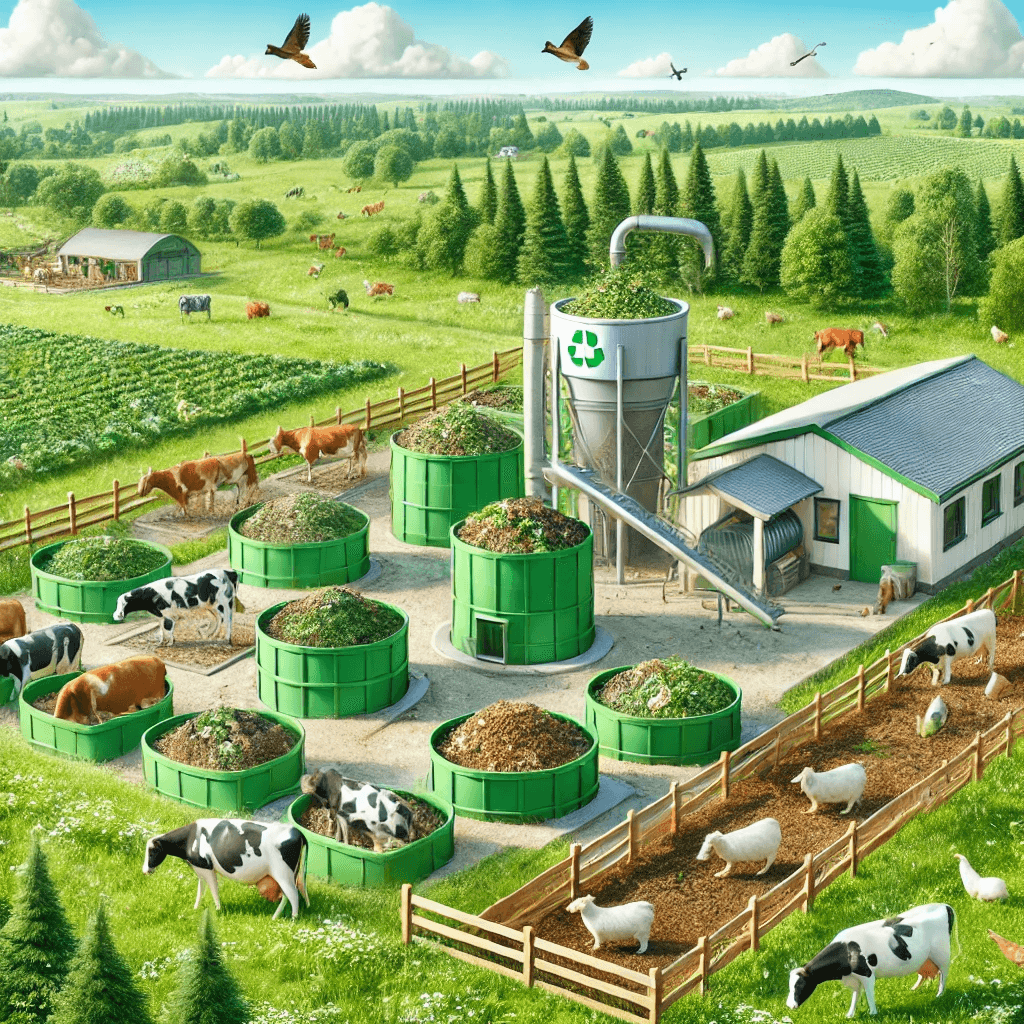 A vibrant farm setting showing sustainable recycling of farm waste into livestock feed, with a composting area and healthy livestock grazing in lush green pastures