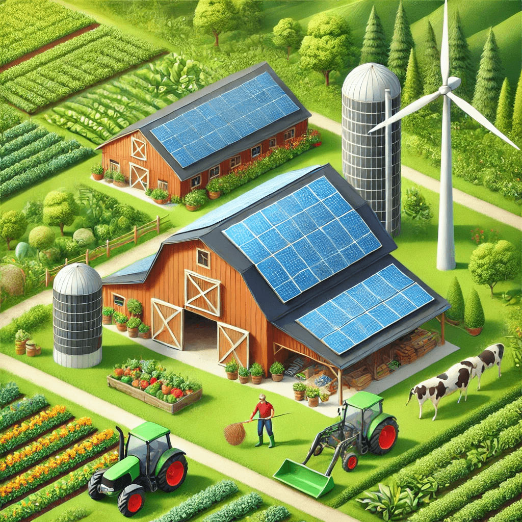 A vibrant farm scene showcasing renewable energy integration, including solar panels and wind turbines, surrounded by lush fields.