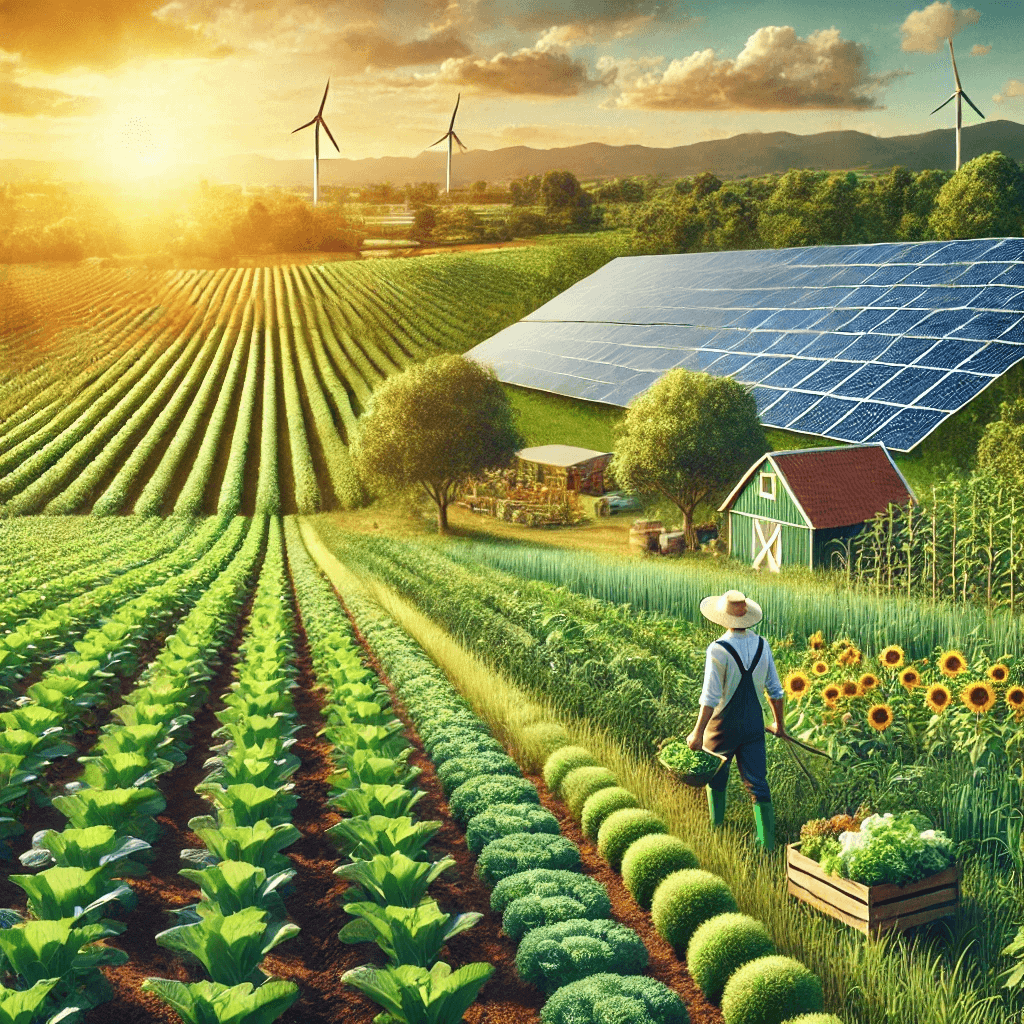 A lush, sustainable farm scene showcasing a harmonious balance of crops, livestock, and renewable energy sources.