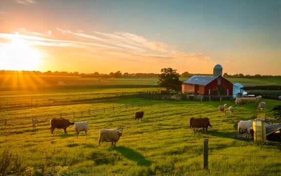 A serene farm landscape with healthy livestock grazing under a glowing sunrise.