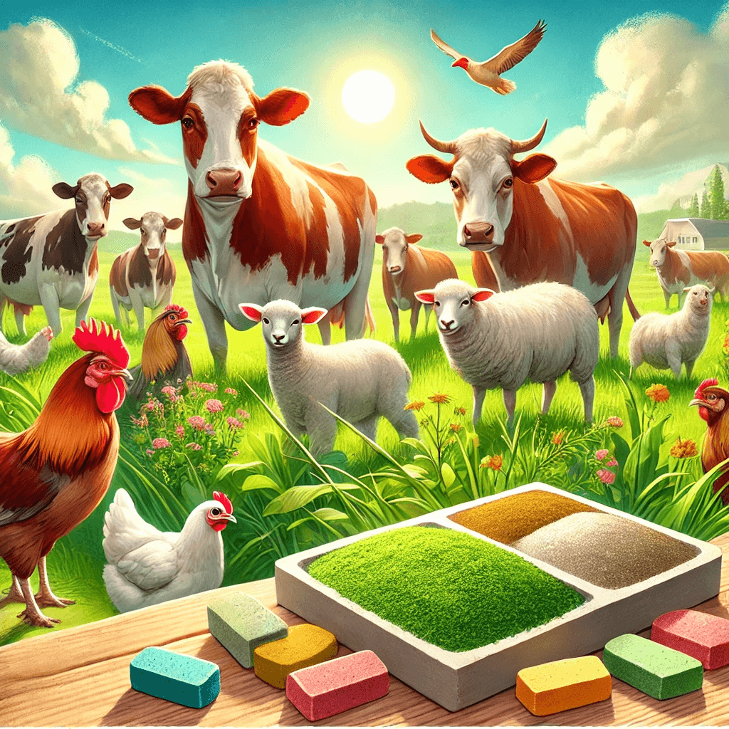 A farm scene with cows, sheep, goats, and chickens surrounded by symbols of vitamins and minerals under warm sunlight.