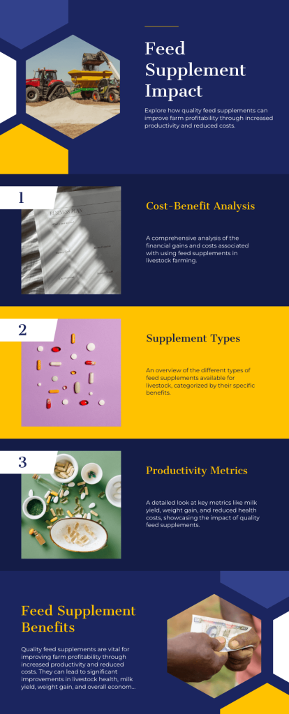 An infographic illustrating the economic benefits of quality feed supplements, including cost analysis, supplement types, and productivity metrics.