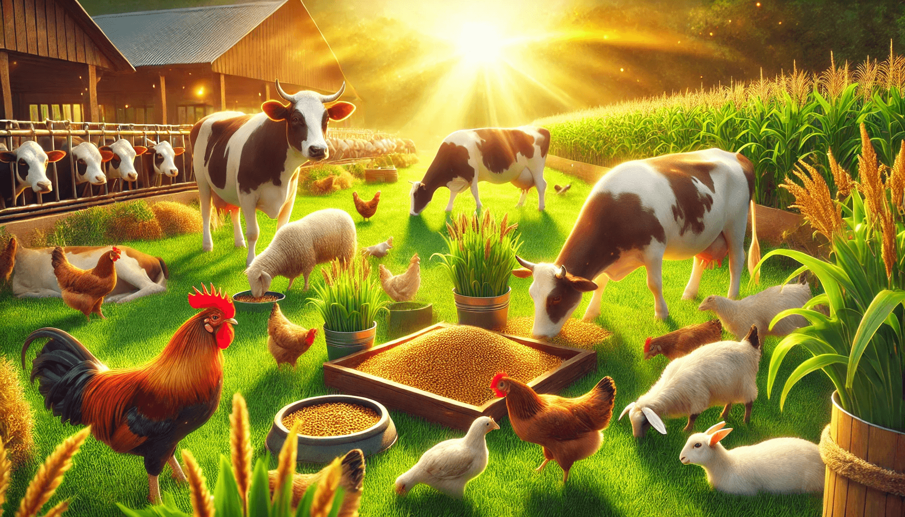 Healthy livestock including cows, chickens, and goats feeding in a lush farm setting with a radiant golden glow, symbolizing vitality and wellness.