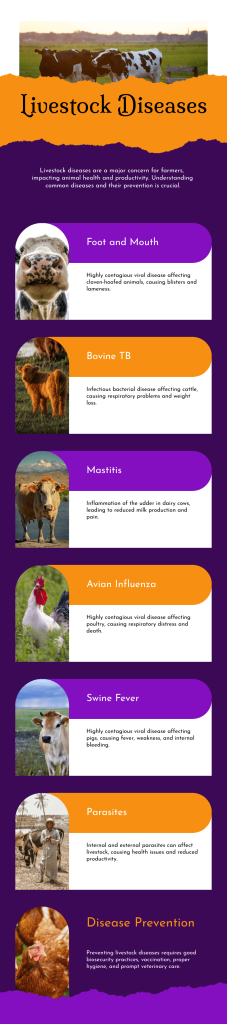 An infographic summarizing common livestock diseases and prevention tips with clear icons and concise text