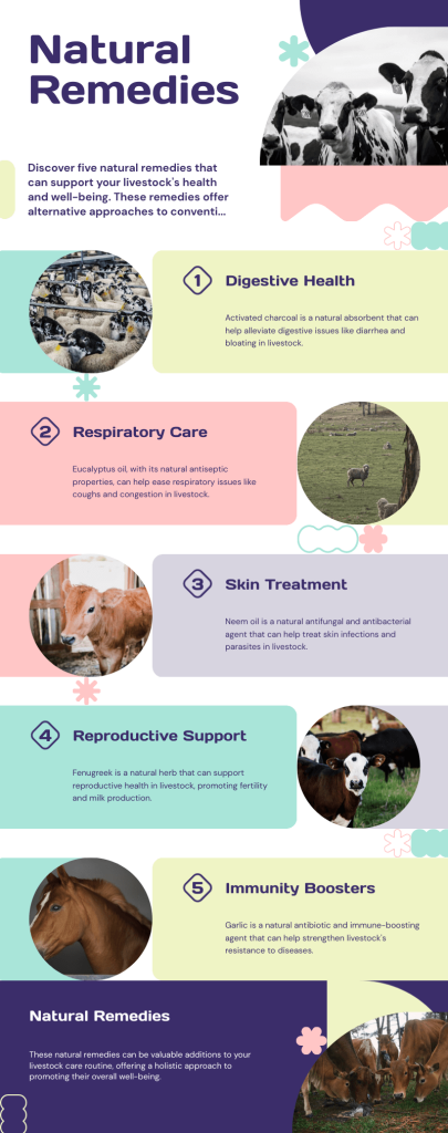 An infographic highlighting five natural remedies for livestock: activated charcoal, eucalyptus, neem oil, fenugreek, and garlic.