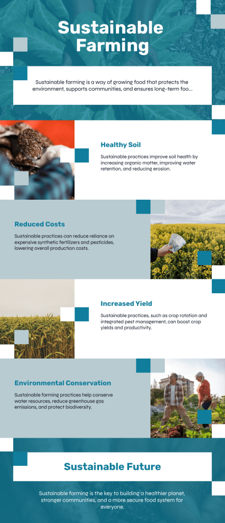 An infographic summarizing the principles, techniques, and benefits of sustainable farming for long-term success.