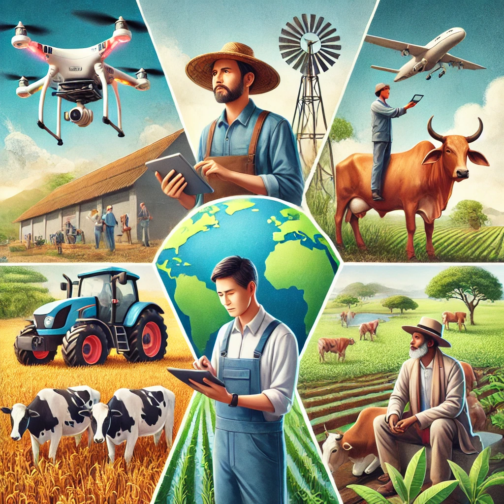 Farmers in Asia, Europe, and Africa using modern technology and sustainable practices in diverse farming environments.