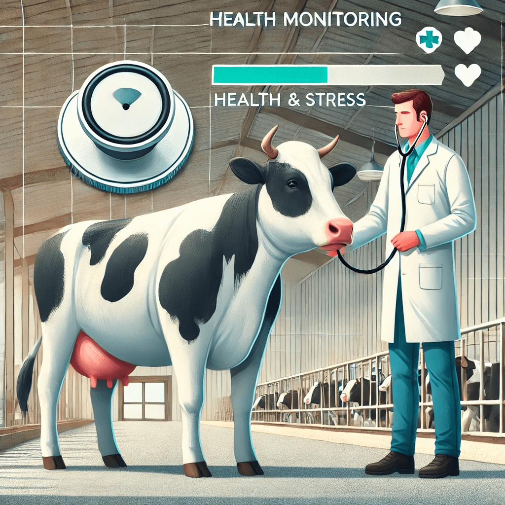 A veterinarian examining a calm cow using a stethoscope in a clean barn with a health chart on the wall.