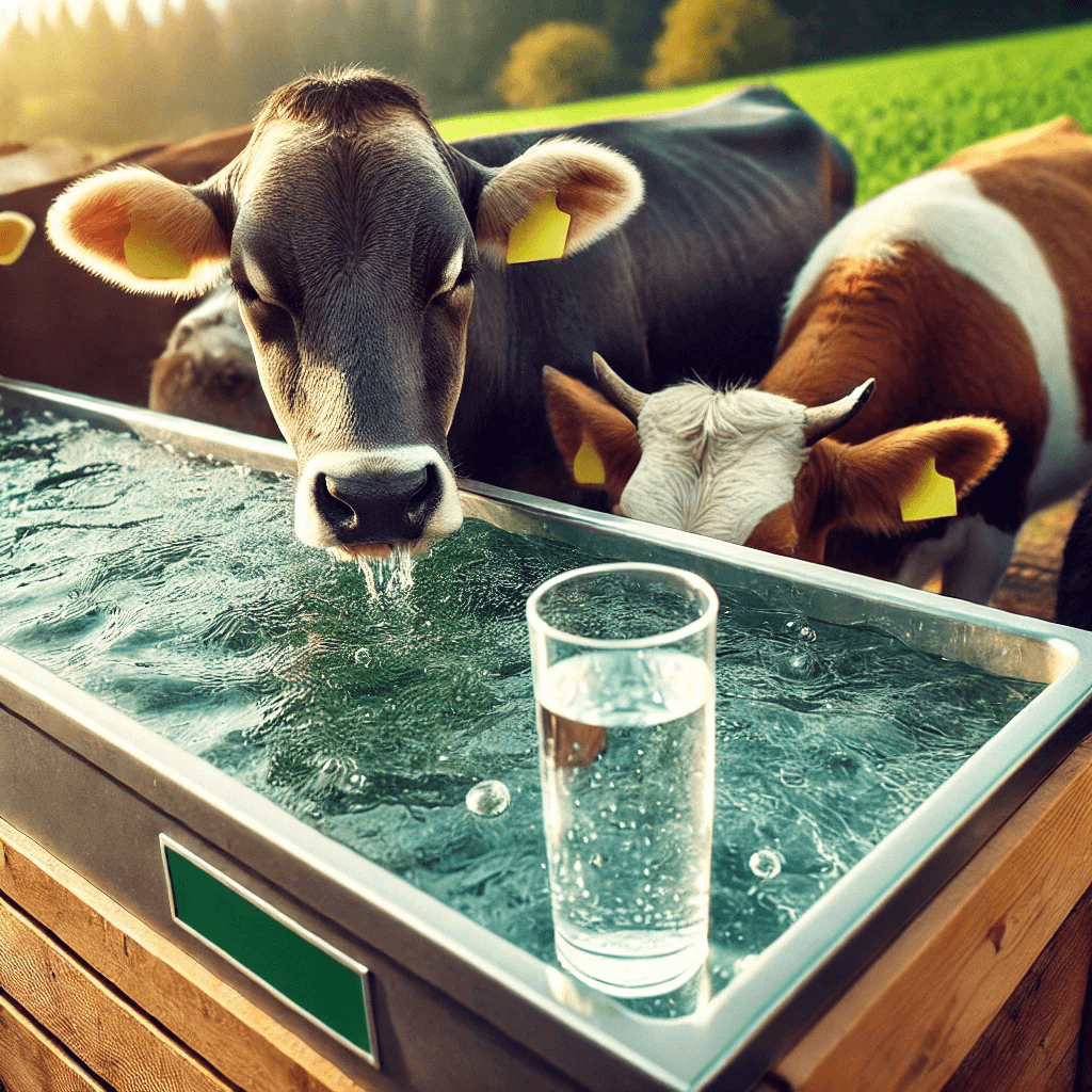 A close-up image of a clean water trough surrounded by cows and goats drinking water on a sunny farm.