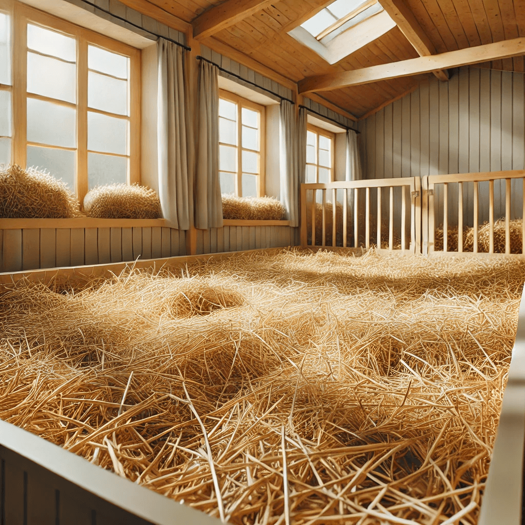 A close-up of a clean and well-maintained animal enclosure with fresh straw bedding and natural light.