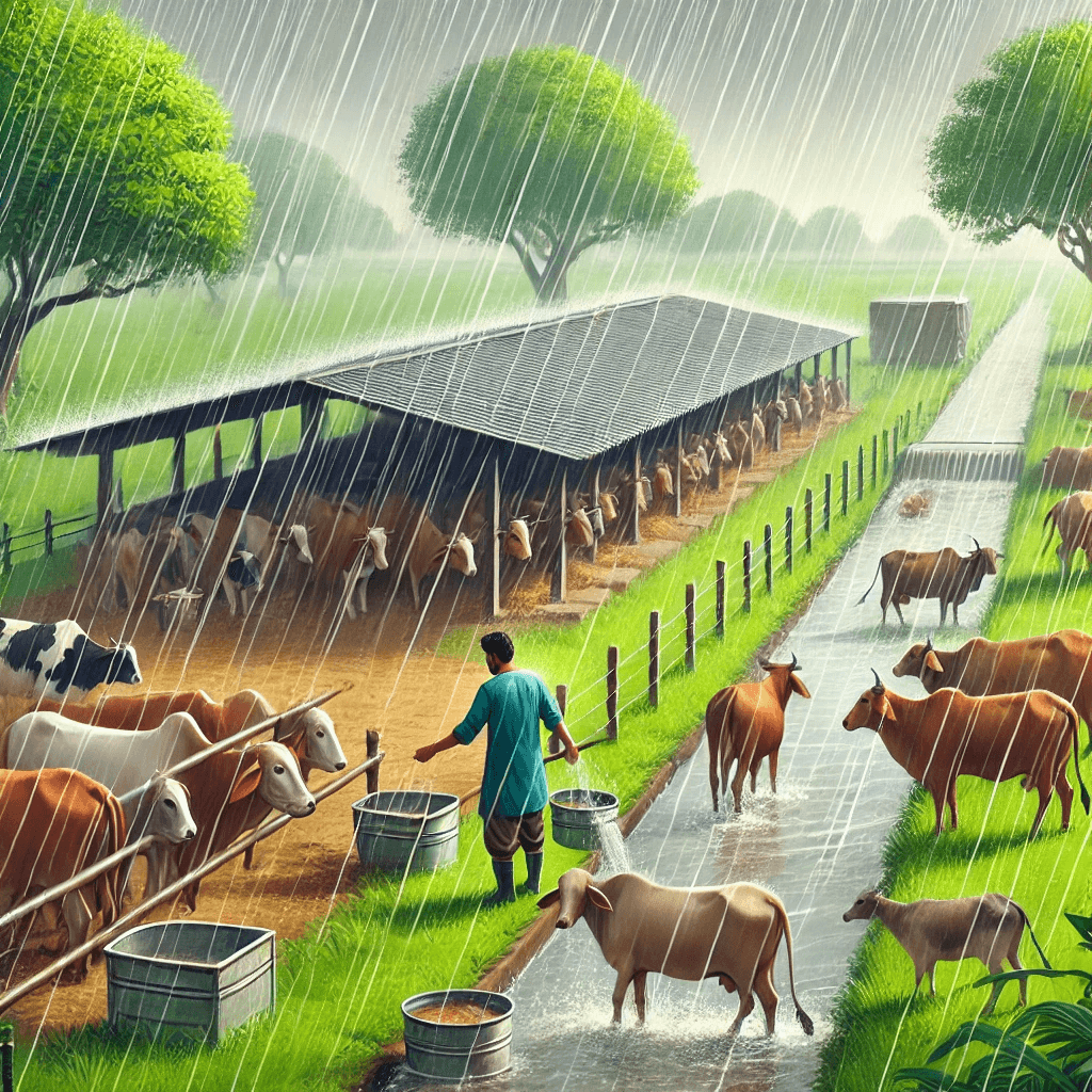 A farmer tending to livestock during monsoon season, ensuring they are under protective shelters amidst rainfall.