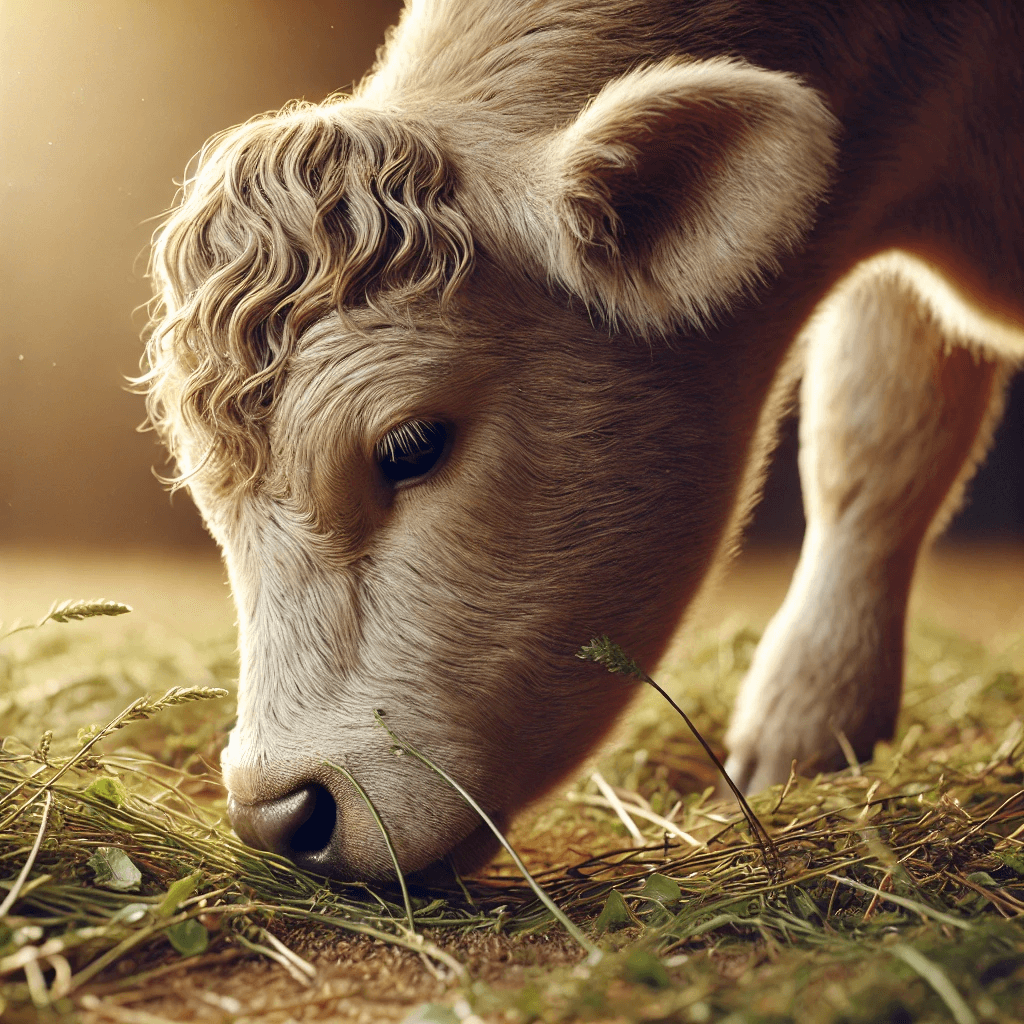 A calm cow feeding in a pasture, showcasing the importance of observing feeding patterns in livestock.