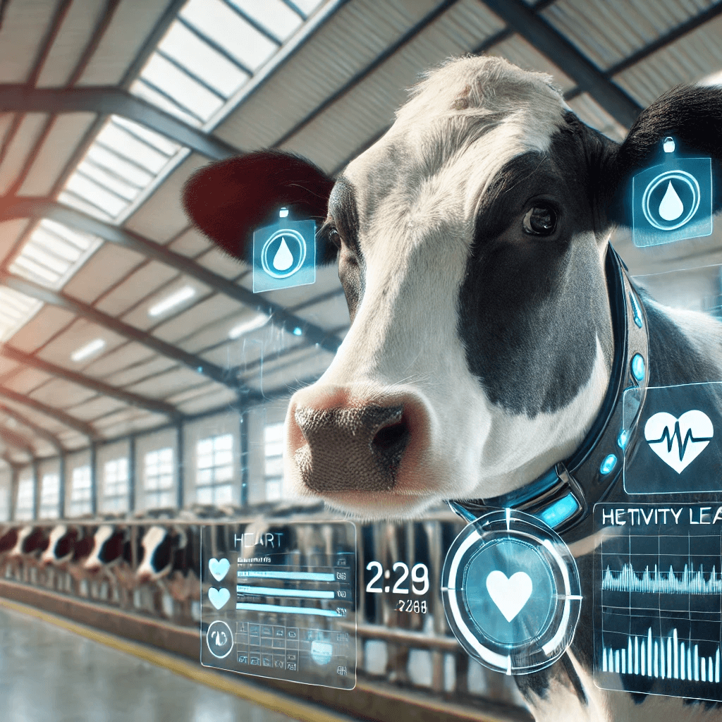 A cow wearing a smart collar displaying holographic data, with a modern barn in the background.