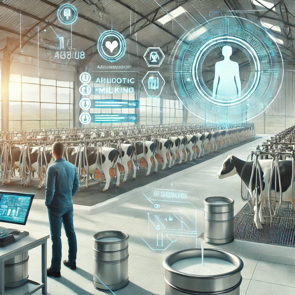 A futuristic farm with robotic milking machines, automated feeding systems, and a farmer using AI-driven livestock monitoring tools.