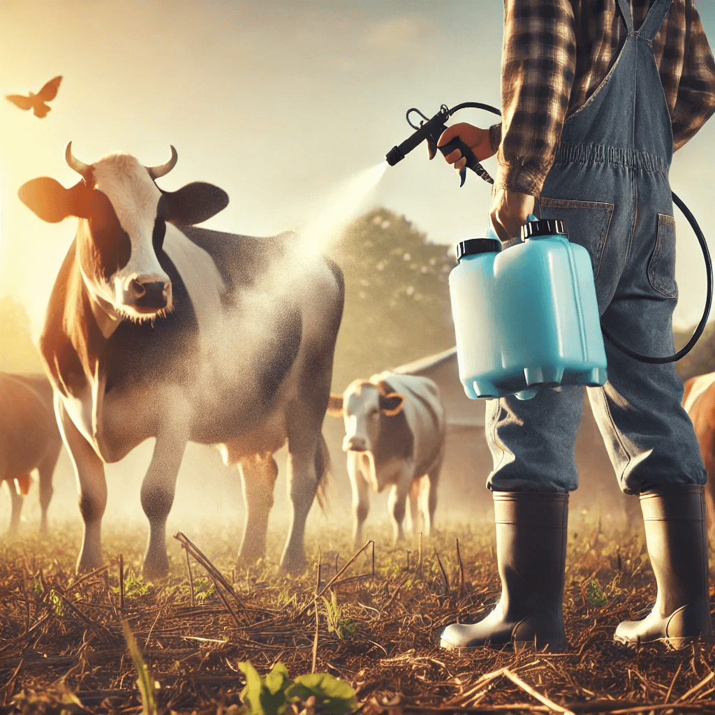 A farmer applying mist spray to cattle in an open field under a sunny sky, with other animals grazing peacefully.