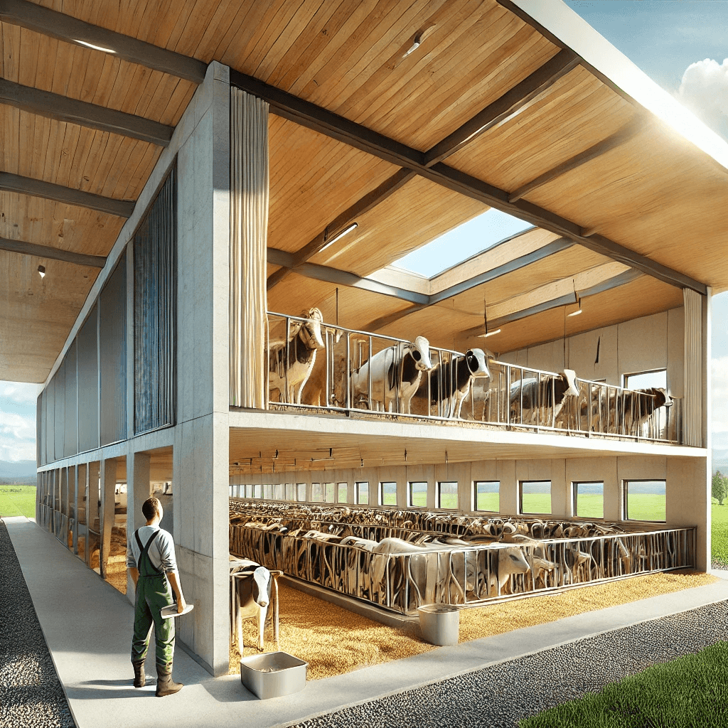 A modern livestock shelter with spacious, well-ventilated interiors, featuring cattle and goats in clean, comfortable surroundings.