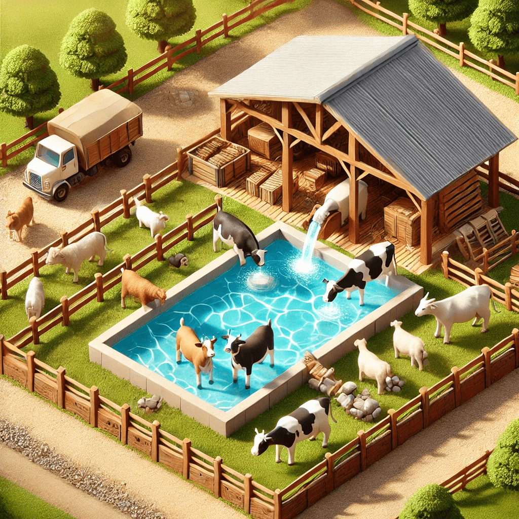 A scenic farm layout with a water trough filled with crystal-clear water and livestock drinking under a shaded wooden structure.
