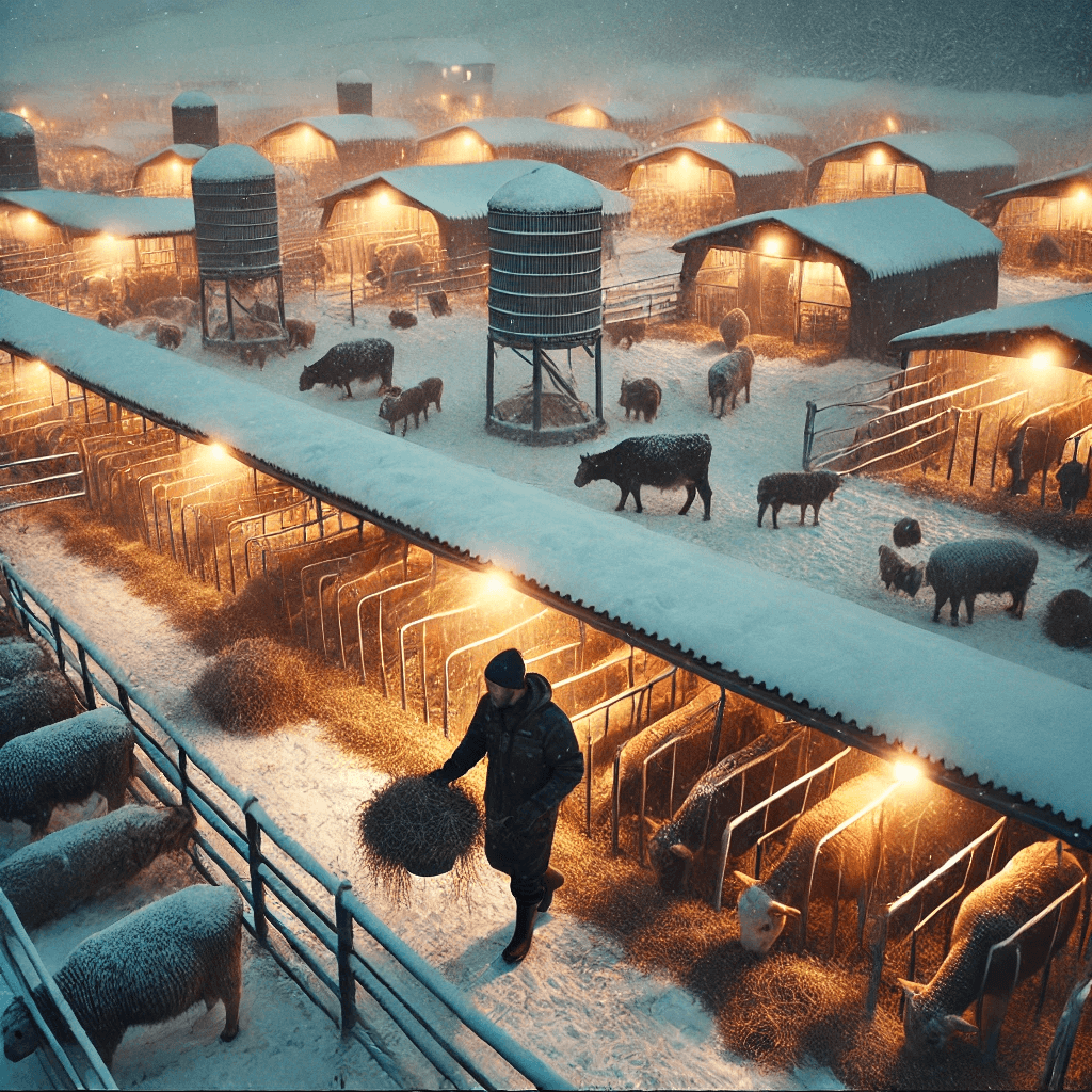 A snowy farm landscape with livestock in warm enclosures during winter, a farmer spreading hay for feeding.